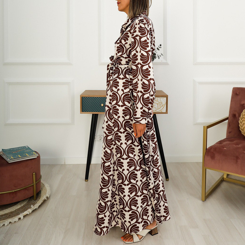 Sexy Print Vintage Long Sleeve V-Neck Swing Fashion  Maxi Dress