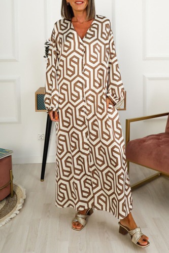 Vintage Geometric Print Lapel Button Pleated Long Sleeve Party  Maxi Dress