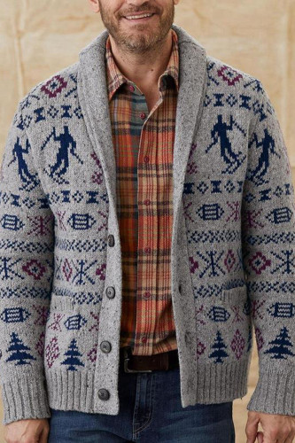 Long Sleeve Jacquard Casual Fur Lapel Single Breasted Button Sweater Cardigan