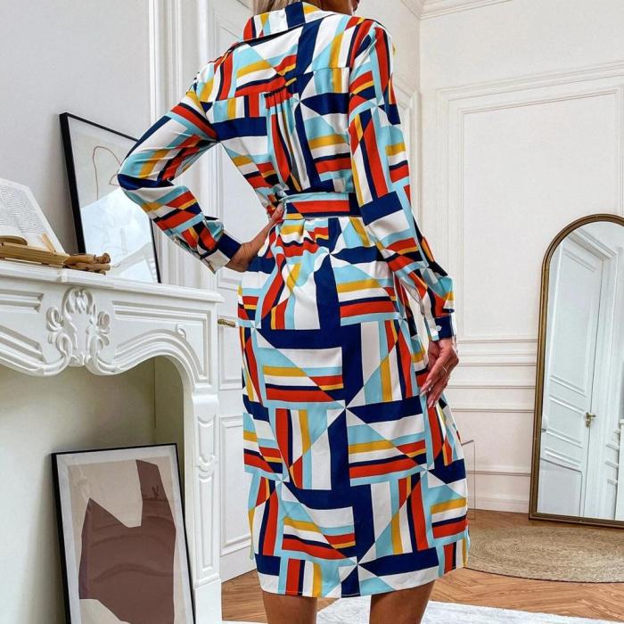 Fashion Lapel Long Sleeve High Waist Printed Midi Dress
