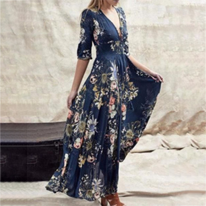 Fashion Half Sleeve V Neck Temperament Retro Floral High Waist Maxi Dress