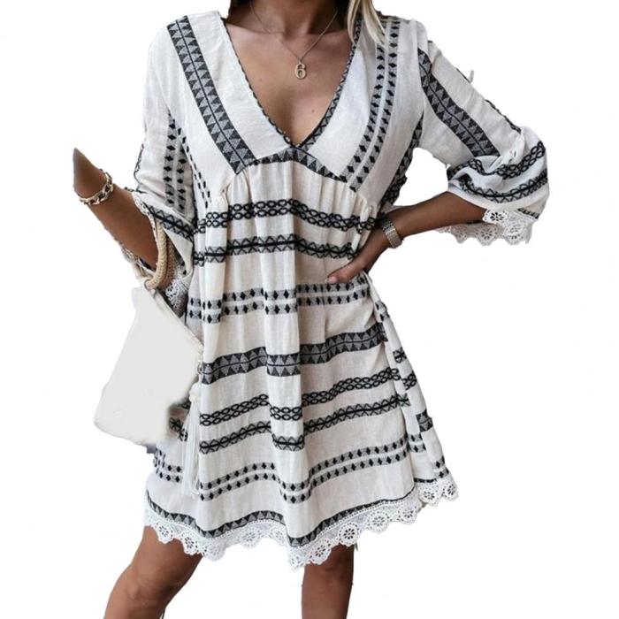 Fashion Sexy Geometric Print Lace Flare Sleeve Casual Loose  Mini Dress