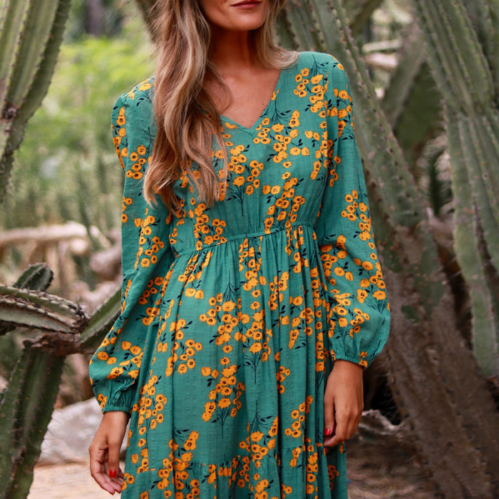 Fashion Floral Print Pleated Casual Loose V Neck Long Sleeve  Maxi Dress