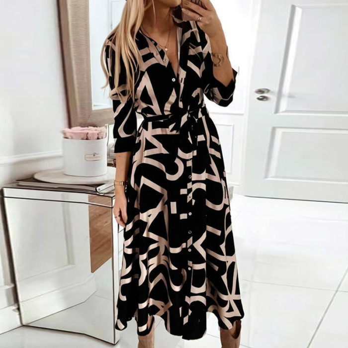 Elegant Button Long Sleeve Tunic V-Neck Print Party  Midi Dress