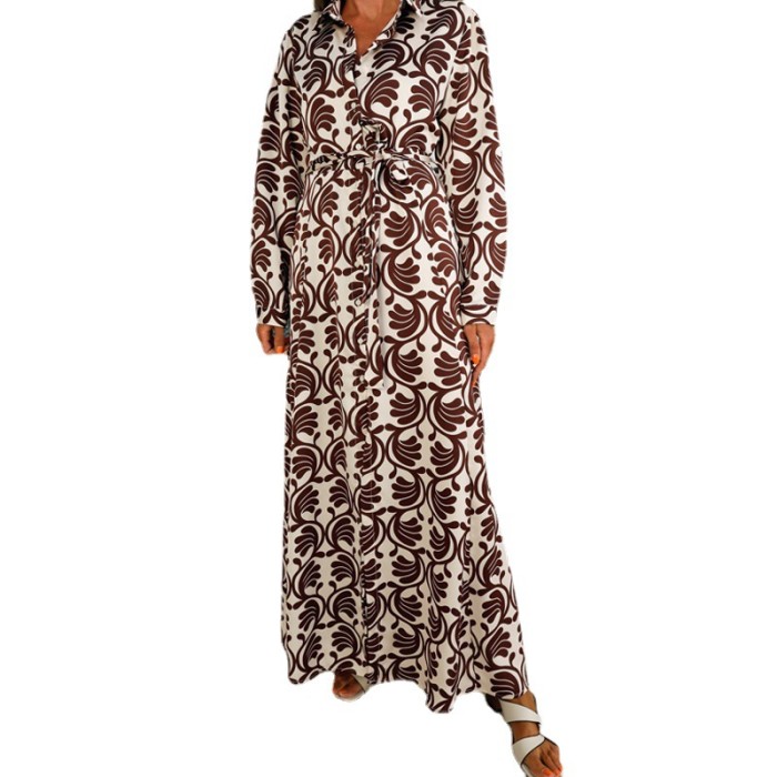 Sexy Print Vintage Long Sleeve V-Neck Swing Fashion  Maxi Dress