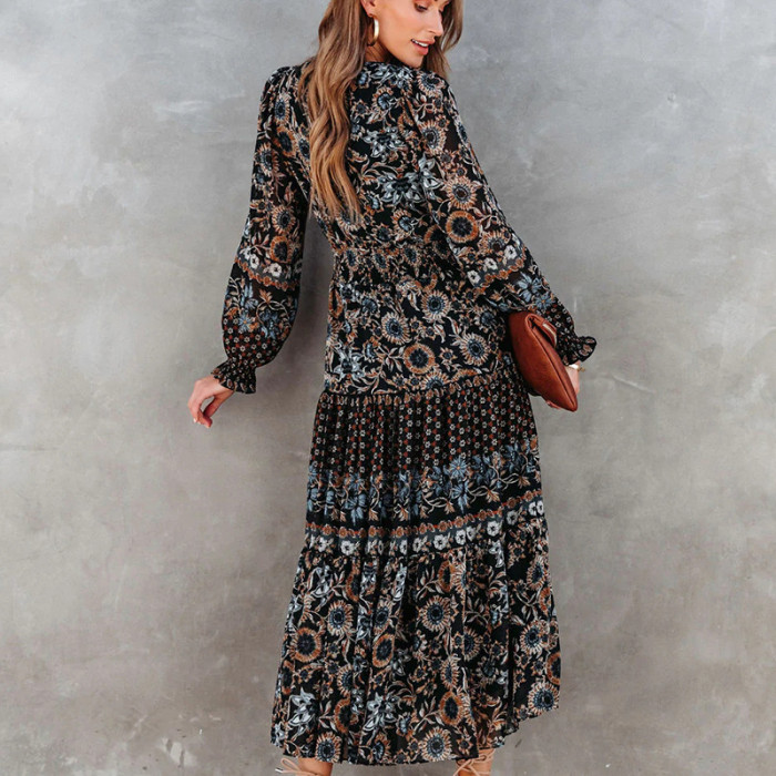 Fashion Printed Bohemian Resort Long Sleeve  Maxi Dress