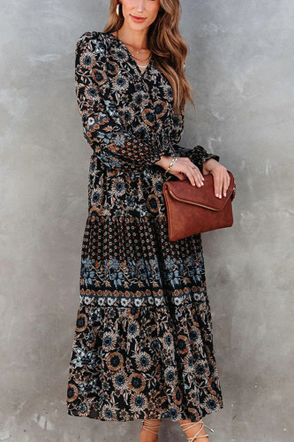 Fashion Printed Bohemian Resort Long Sleeve  Maxi Dress