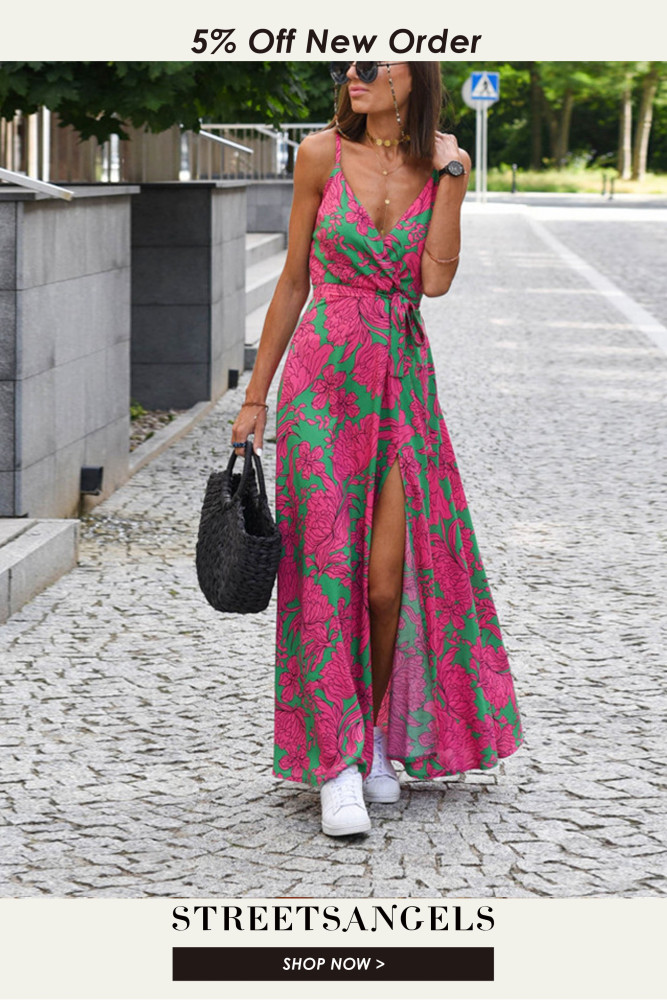 Fashion Vintage Print Lace-Up Sling Elegant V-Neck Sexy High Slit Maxi Dress