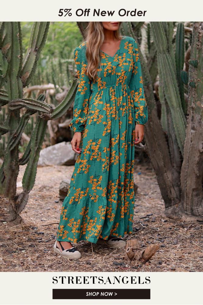 Fashion Floral Print Pleated Casual Loose V Neck Long Sleeve  Maxi Dress