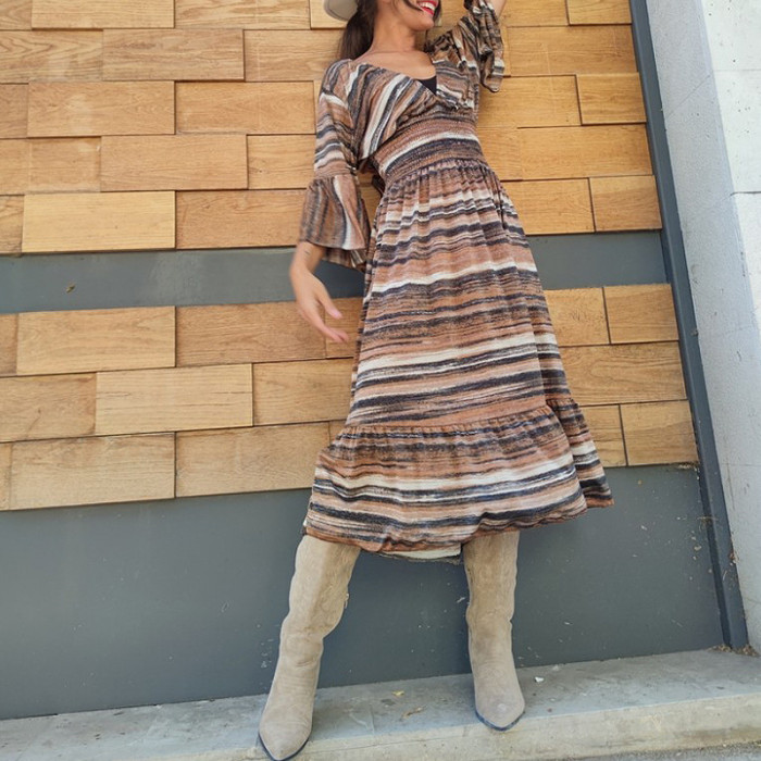 Fashion Casual V-Neck Flared Sleeve Dress  Midi Dress