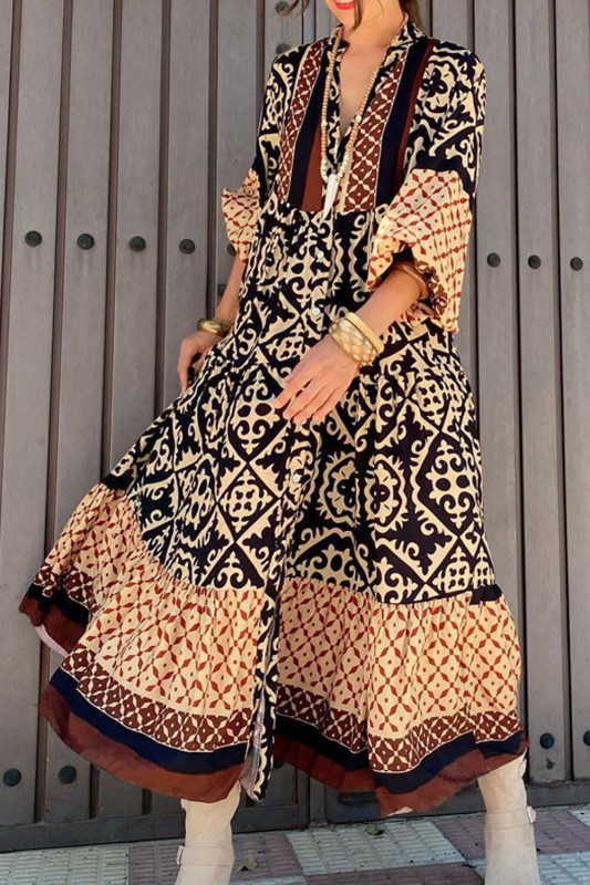 Fashionable  V-Neck Printed Loose Midi Dress