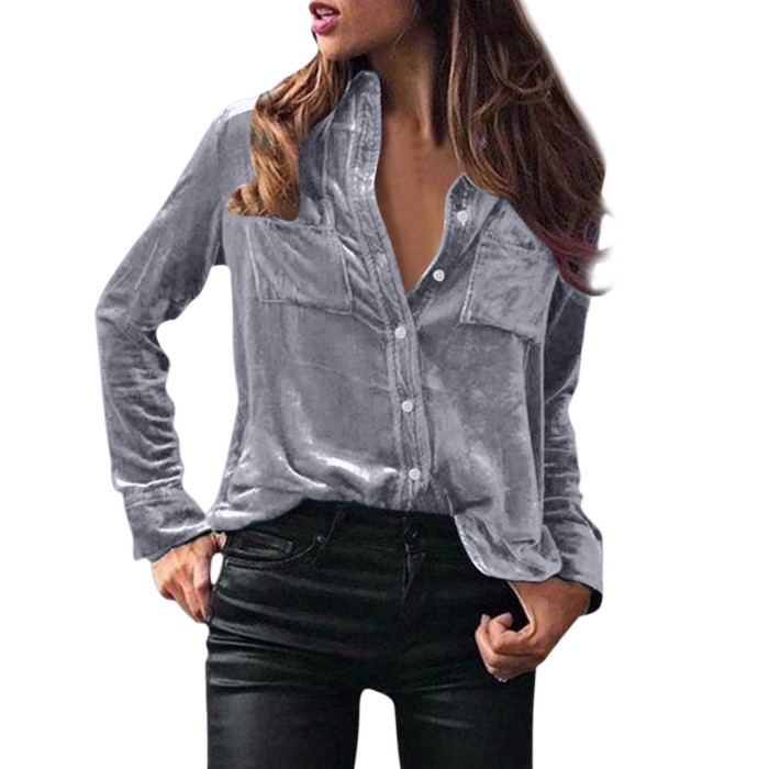 Fashion Solid Color Temperament Long Sleeve Velvet Casual  Blouses
