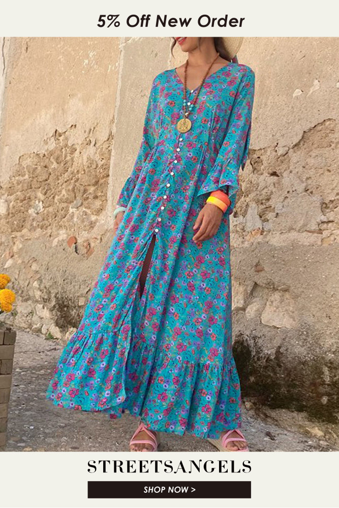 Fashionable Printed Long Sleeve Boho Style Slit Maxi Dress