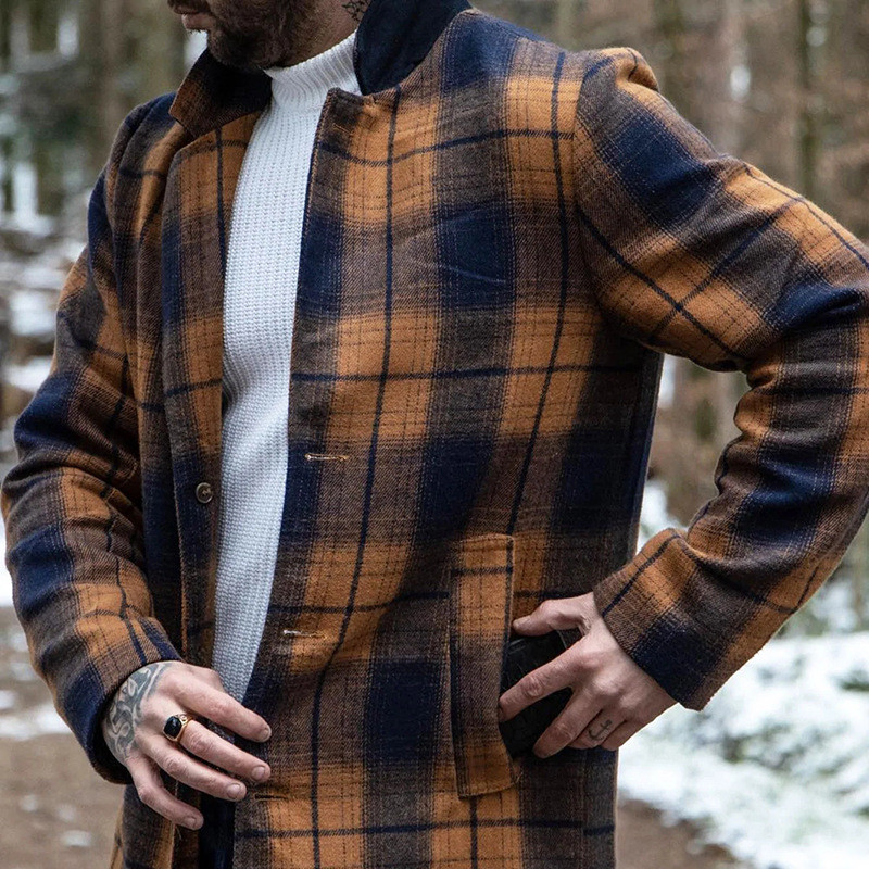 Loose Men's Straight Fashion Plaid Print Long Sleeve Lapel Jacket Trench Coat