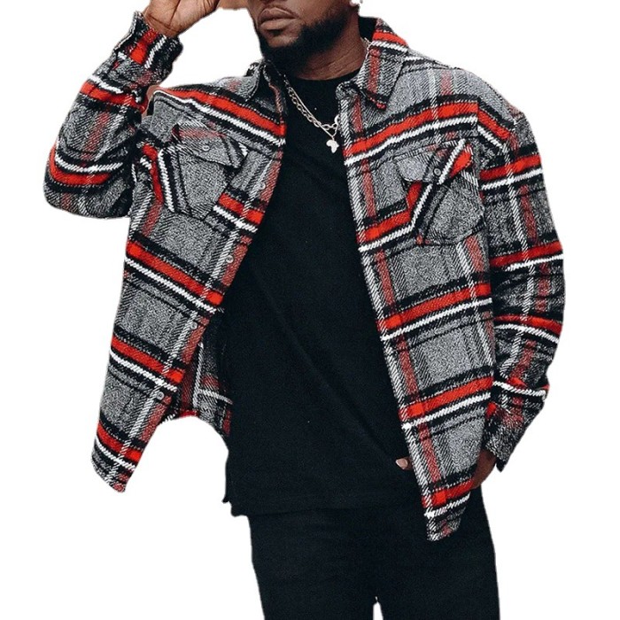 Men's Fashion Long Sleeve Single Breasted Button Plaid Jacket Outerwear