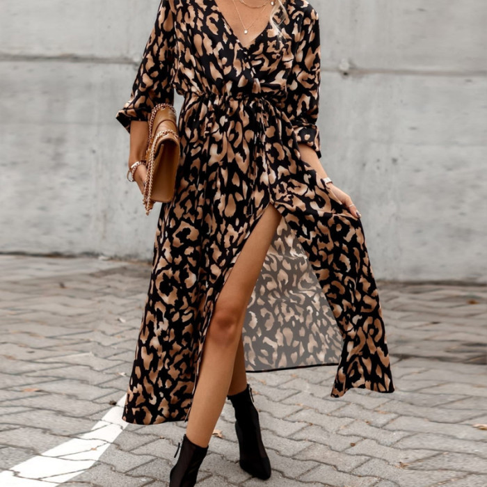 Vintage Graphic Print Party Elegant V Neck Long Sleeve Fashion  Maxi Dress