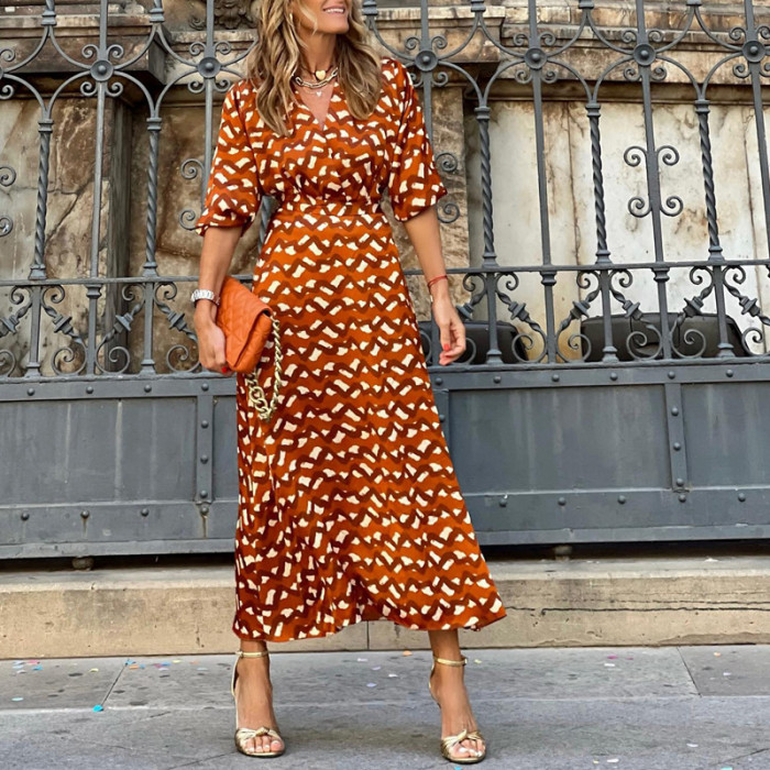 Fashion Polka Dot Print V-Neck Slim Fit Midi Dress