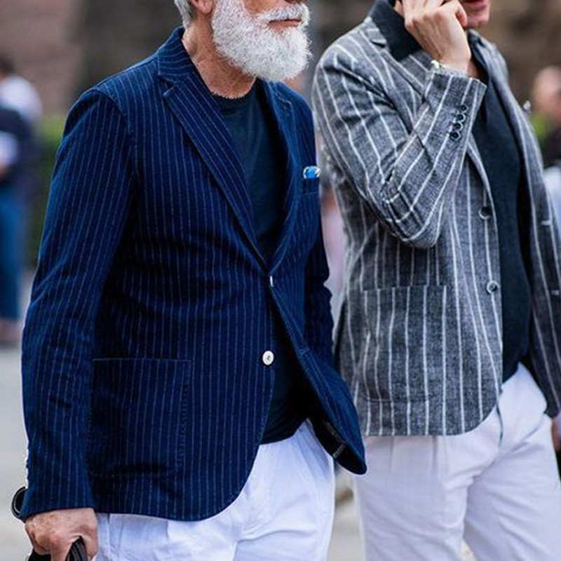 Vintage Stripe Print Men's Fashion Lapel Button Down Blazer Coat