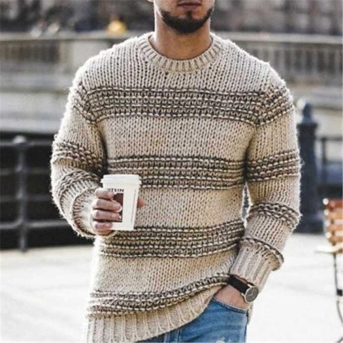 Men's Fashion Warm Long Sleeve Striped Print Casual O Neck Sweater