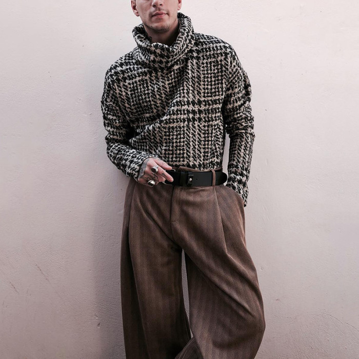 Fashion Turtleneck Men's Casual Vintage Print Loose Pullover Sweatshirts