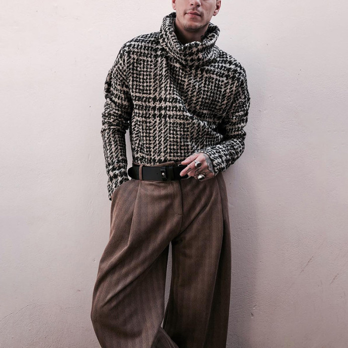 Fashion Turtleneck Men's Casual Vintage Print Loose Pullover Sweatshirts