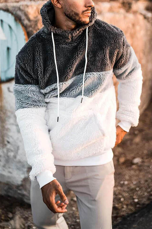 Men's Fashion Double Sided Plush Puffy Long Sleeve Warm Hooded Sweatshirt