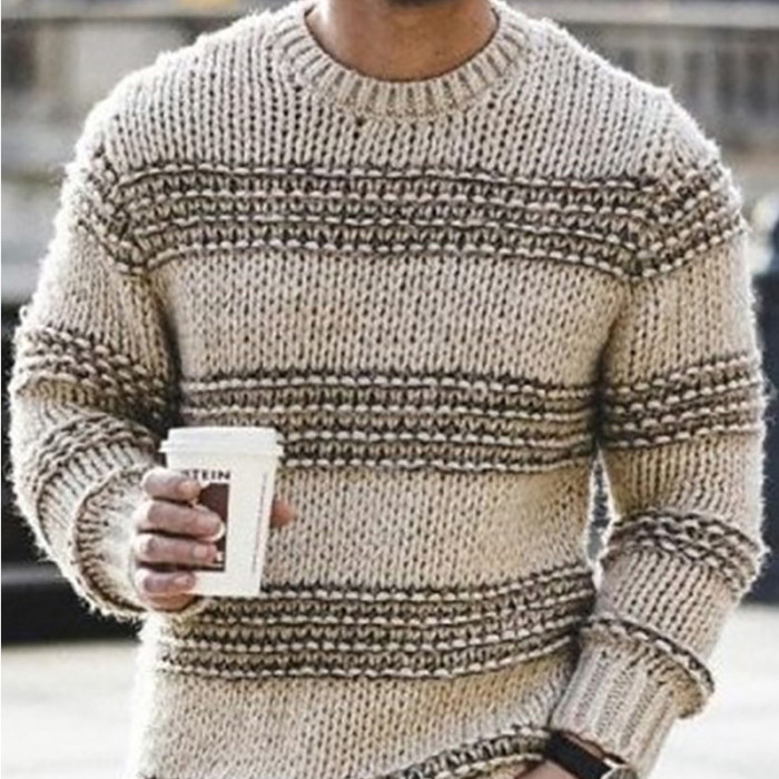 Men's Fashion Warm Long Sleeve Striped Print Casual O Neck Sweater