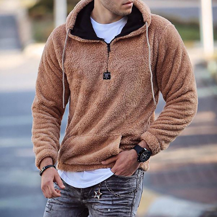 Fashion Plush Casual Long Sleeve Slim Fit Solid Color Pocket Hoodie  Sweatshirts