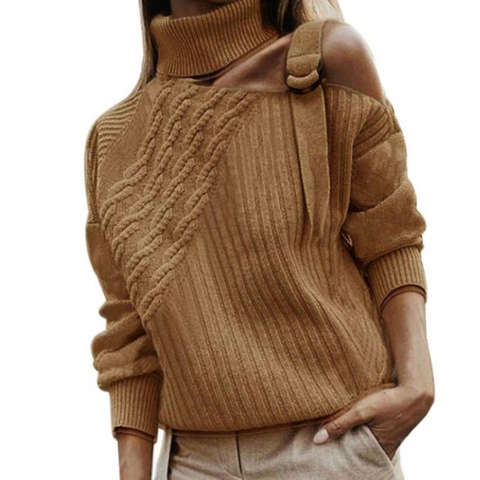 Stylish Adjustable Button Off-Shoulder Turtleneck Pullover Sweater