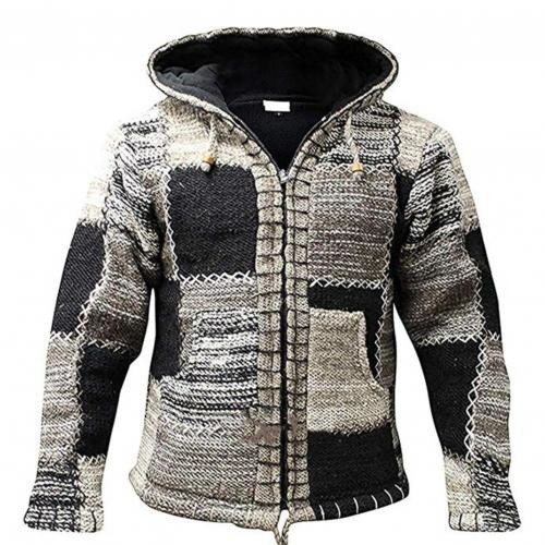 Men's Sweater Fashion Ethnic Color Block Cardigan Pocket Casual Outerwear