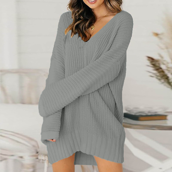 Fashion Loose V Neck Casual Solid Knit Sweater