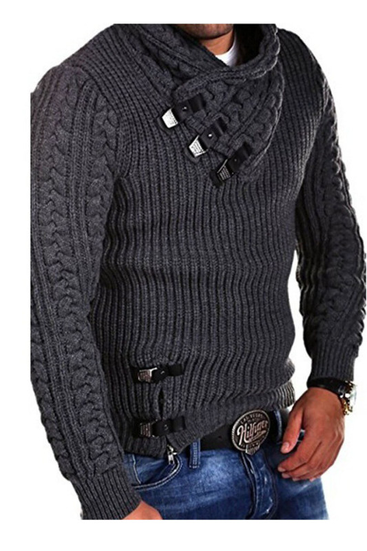 Fashion Men's Solid Color Button Turtleneck Twisted Long Sleeve Slim Sweater