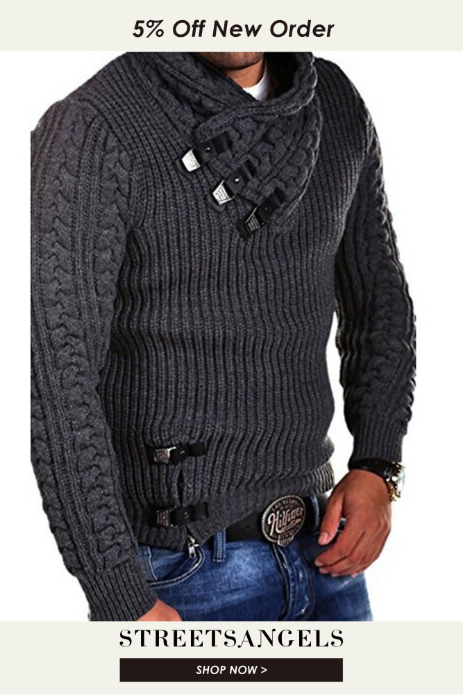 Fashion Men's Solid Color Button Turtleneck Twisted Long Sleeve Slim Sweater