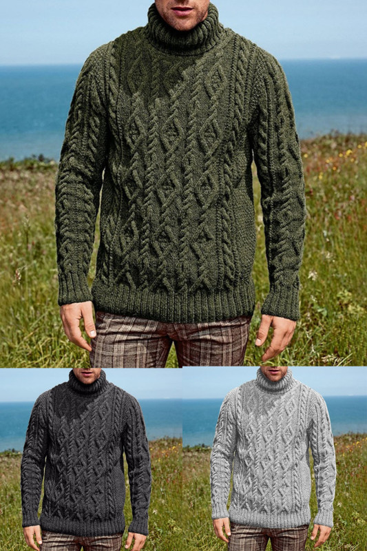 Retro Solid Color Twist Warm Turtleneck Casual Men's Knitted Sweater