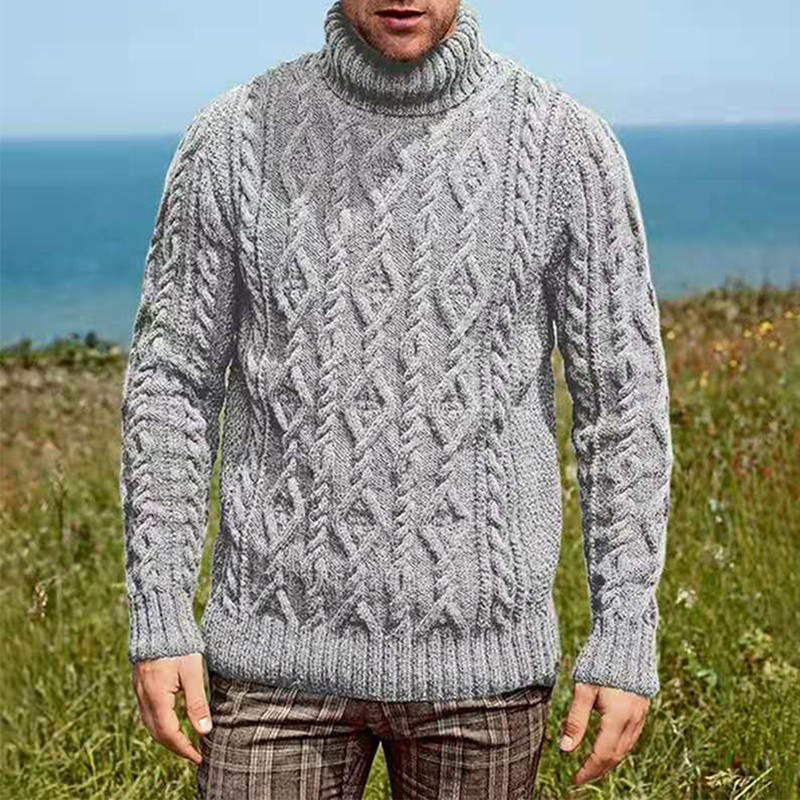 Retro Solid Color Twist Warm Turtleneck Casual Men's Knitted Sweater
