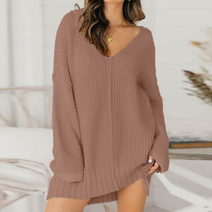 Fashion Loose V Neck Casual Solid Knit Sweater