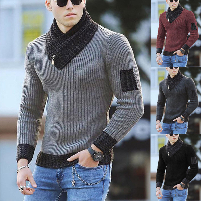 Men's Casual Slim Fashion Long Sleeve Scarf Collar Sweater