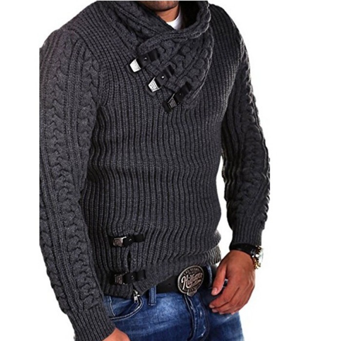 Fashion Men's Solid Color Button Turtleneck Twisted Long Sleeve Slim Sweater