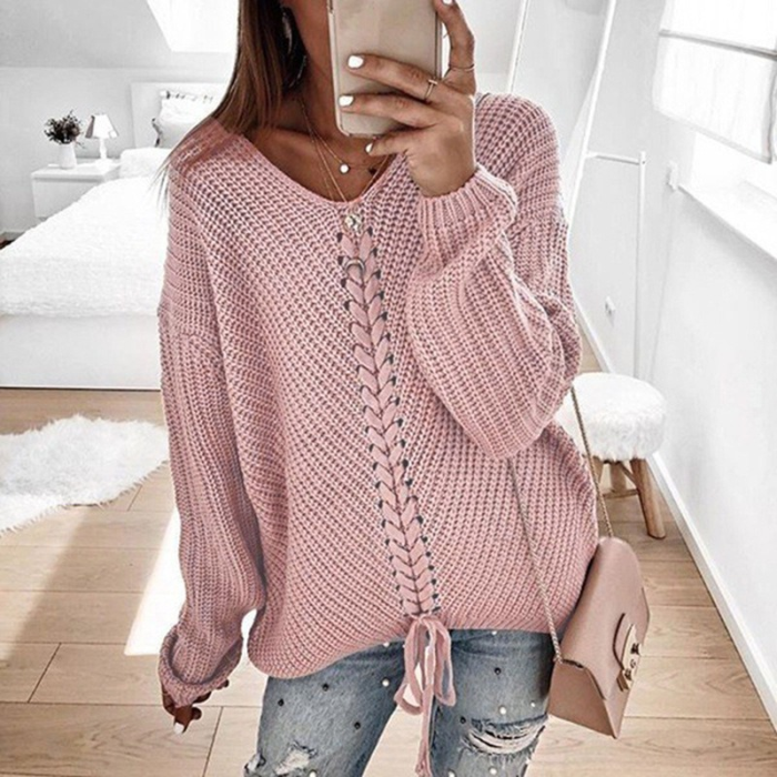 Fashion Solid Color V Neck Loose Casual Warm Street Sweaters