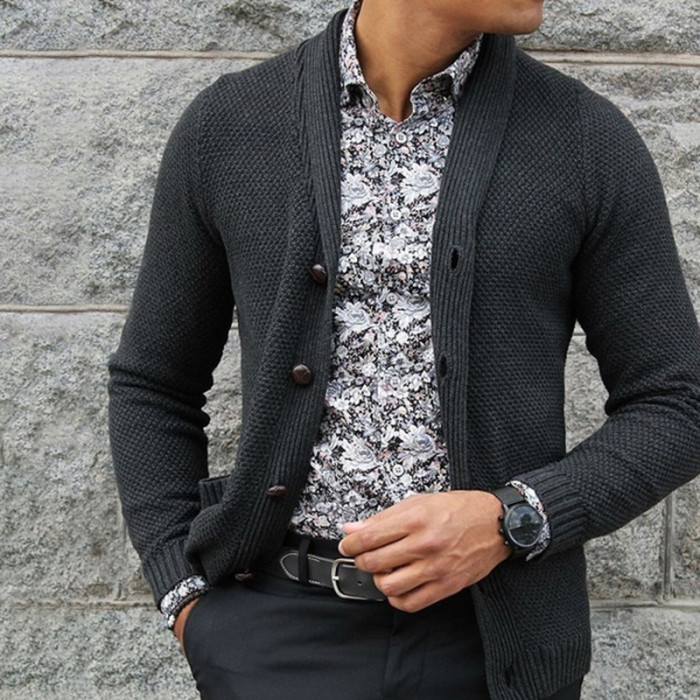 Men's Fashion Single Breasted Lapel Solid Color Sweater Cardigan Outerwear