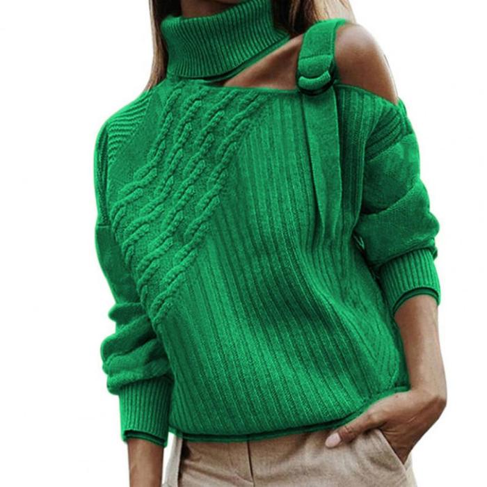 Stylish Adjustable Button Off-Shoulder Turtleneck Pullover Sweater