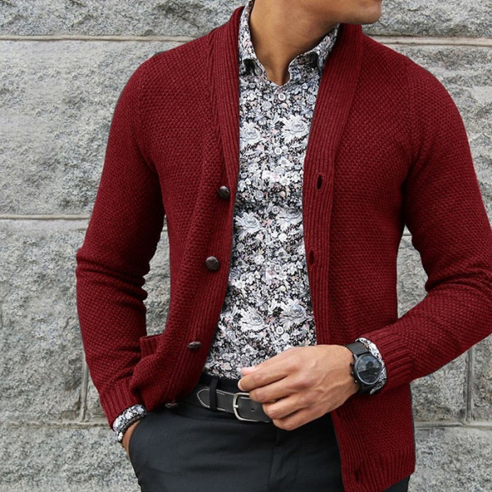 Men's Fashion Single Breasted Lapel Solid Color Sweater Cardigan Outerwear