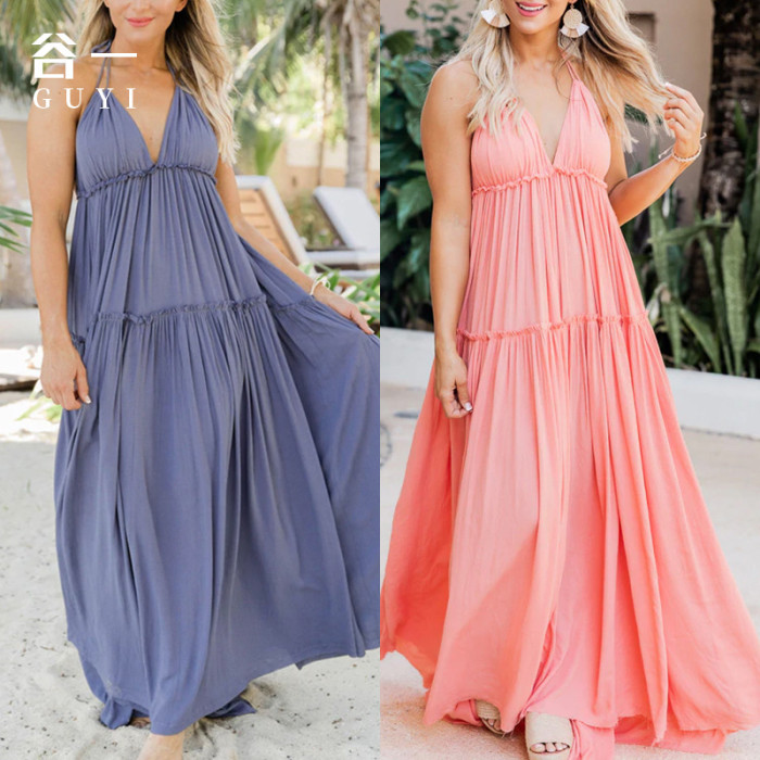New Temperament Sexy Resort Style Solid Color Slip Dress
