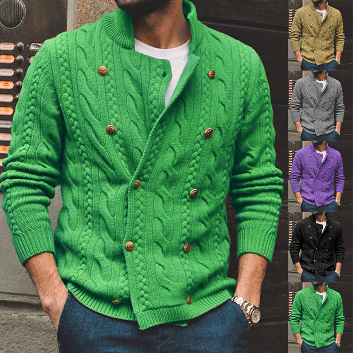 Men's Sweater Lapel Solid Color Double Breasted Warm Knit Loose Cardigan