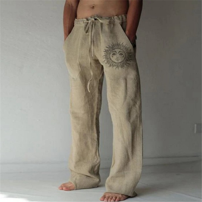 Men's Fashion Solid Color Cotton Linen Casual Print Loose Wide Leg Pants