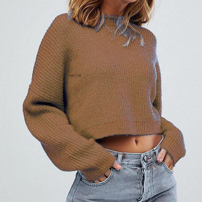 Elegant Fashion Solid Color O Neck Long Sleeve Crop Sweater Top