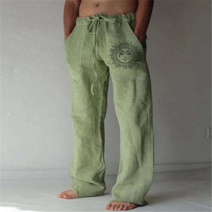 Men's Fashion Solid Color Cotton Linen Casual Print Loose Wide Leg Pants