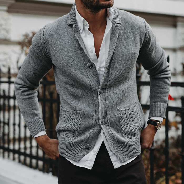 Men's Casual Fashion Solid Color Loose V-Neck Long-Sleeve Sweater Cardigan