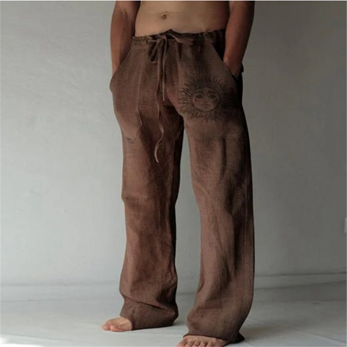 Men's Fashion Solid Color Cotton Linen Casual Print Loose Wide Leg Pants