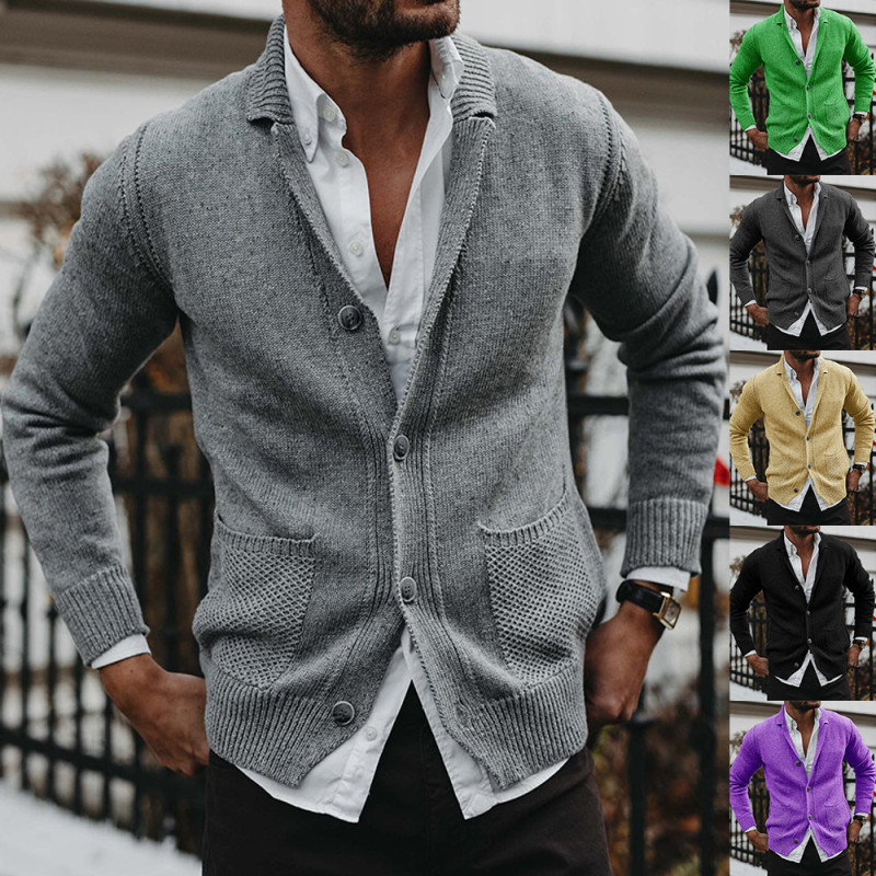 Men's Casual Fashion Solid Color Loose V-Neck Long-Sleeve Sweater Cardigan